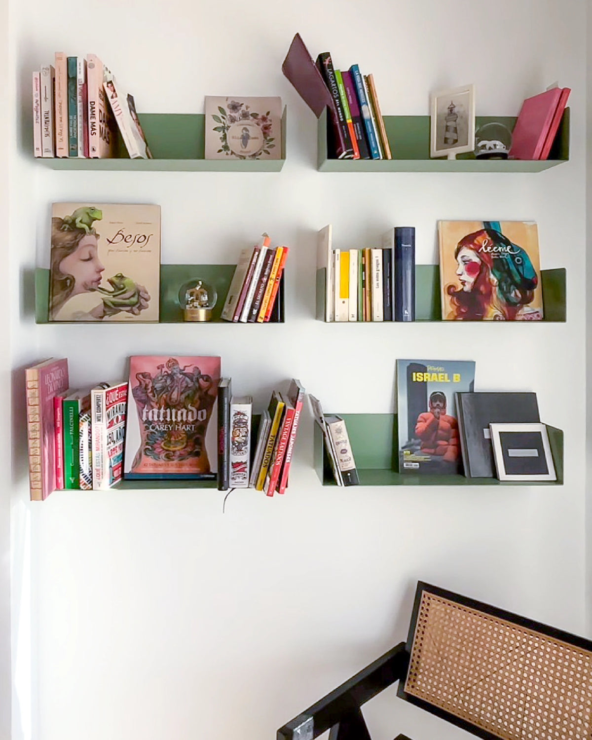 Green metal wall-mounted bookshelf for office or living room, floating library